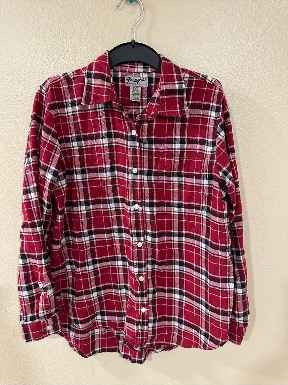 Wrangler Red Plaid Button-Down Shirt with Black and White Accents